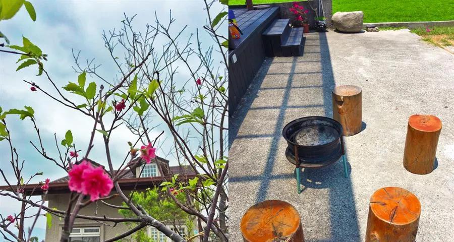 稻哪趣包棟民宿｜庭院小徑與木樁座椅
